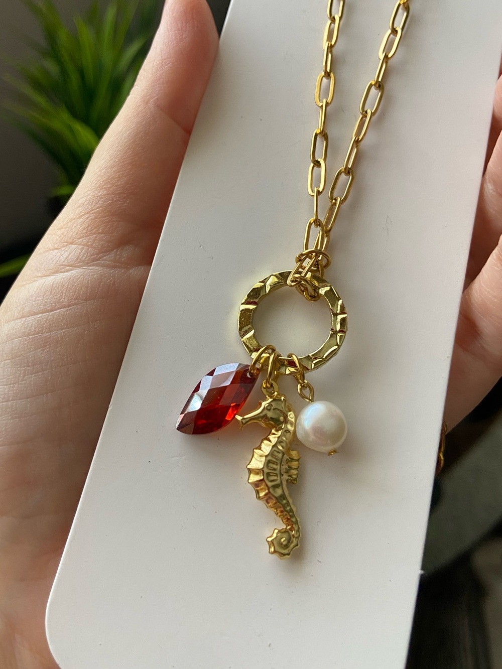 Gold Seahorse Charm Necklace with Red Crystal and Pearl Accent